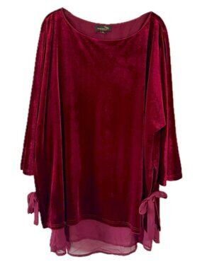 Suzanne Betro 2X BURGUNDY Velvet Tunic Top with Bell Sleeves Chiffon Hem